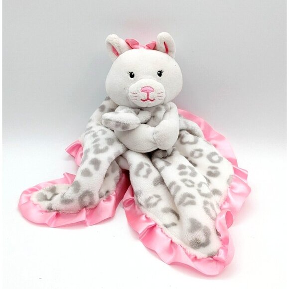 Okie Dokie Plush Snow Leopard Kitty Cat Pink Satin Security Blanket Lovey Rattle - Picture 1 of 5